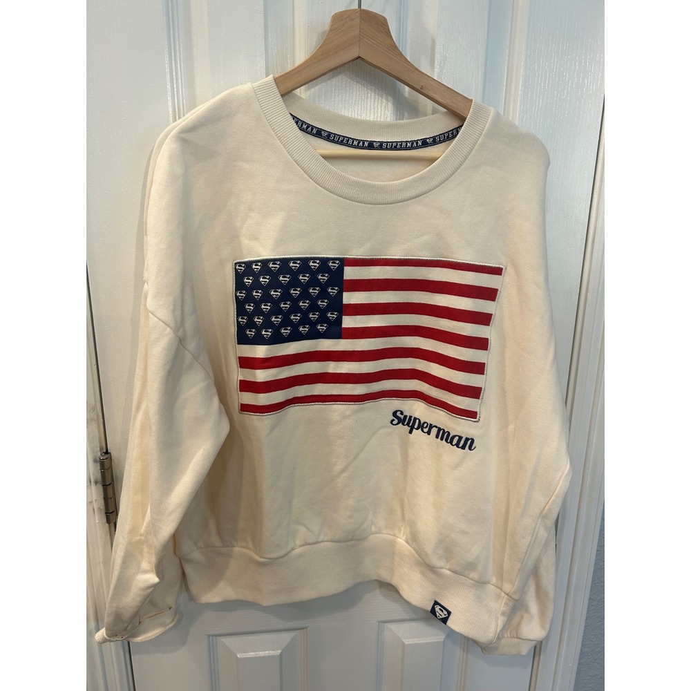 Superman Sweatshirt Cream USA Flag Graphic Pullover DC Comics Americana Crewneck